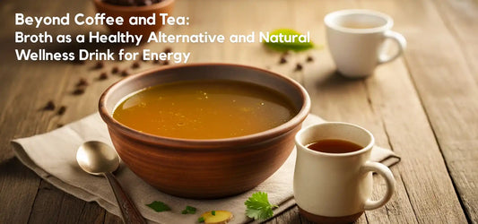 Natural wellness drink and healthy alternatives to coffee or tea for energy and focus, with nourishing broth based ingredients.