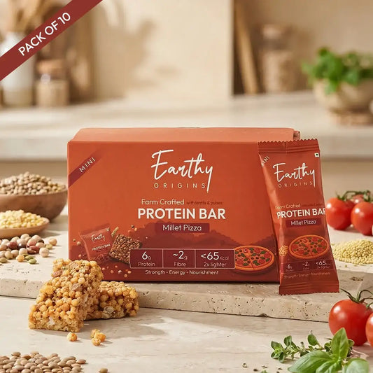 Millet Pizza savoury protein bars pack with ingredients, nutritious protein and energy bars made from plant protein